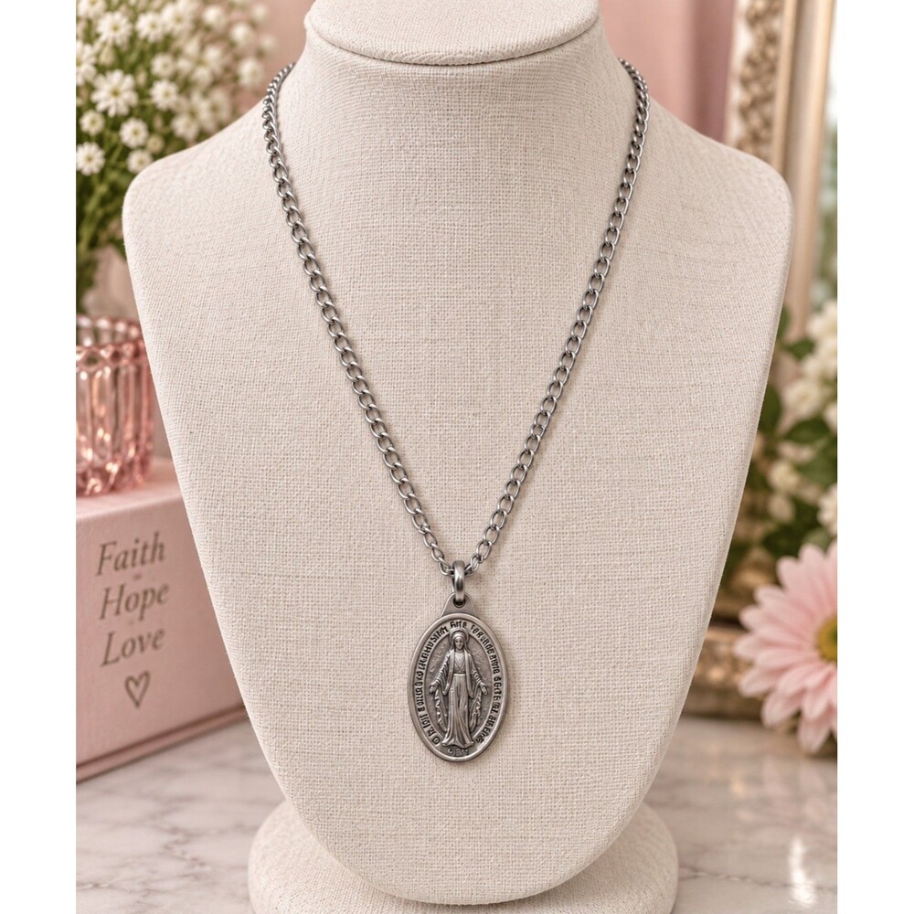 Vintage Miraculous Medal Necklace, Virgin Mary Catholic Religious Pendant